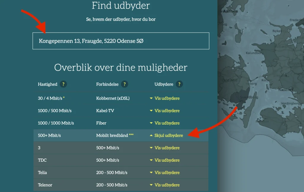 Resultater for mobilt bredbånd hastigheder via Tjekditnet.dk