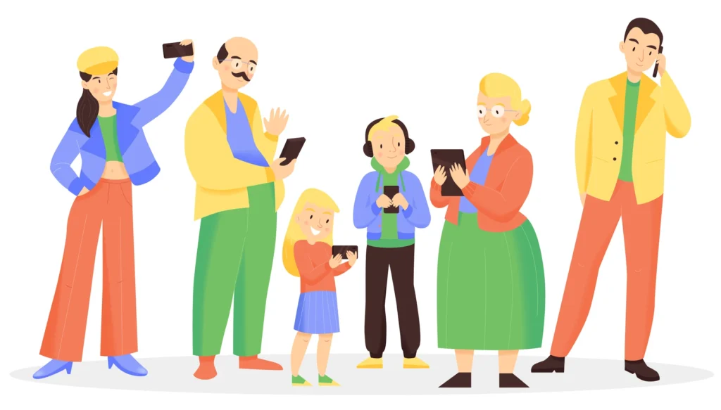 Familie med børn og ældre, der bruger telefoner
